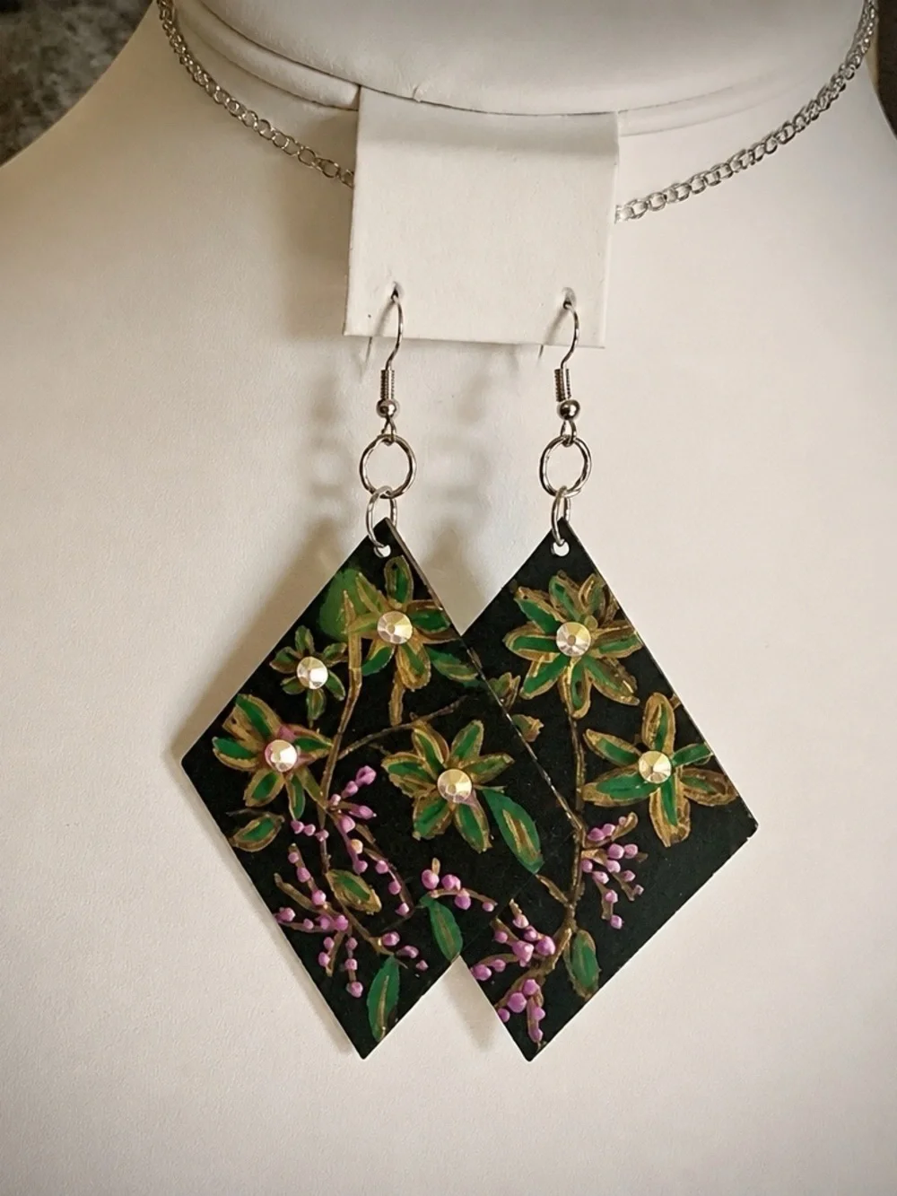 Floral Black Green Statement Drop Earrings by Chic Style